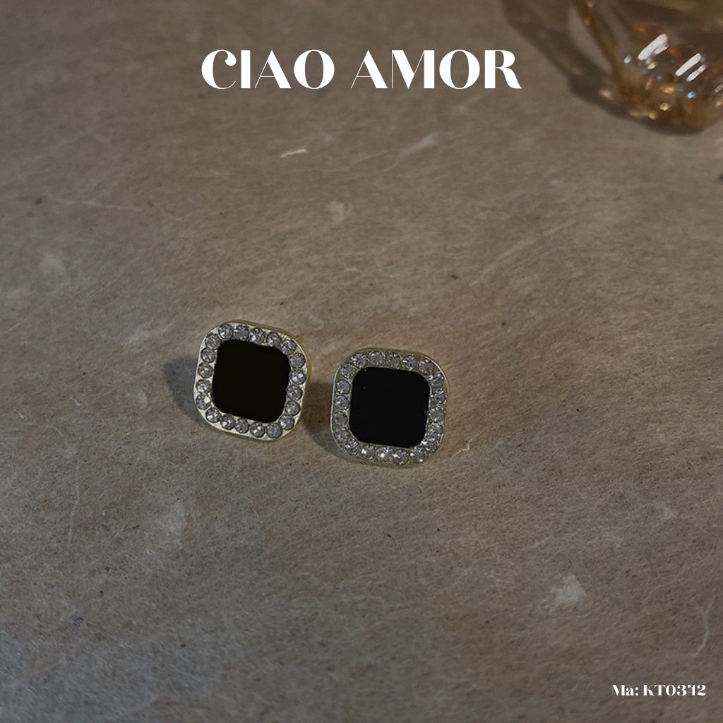 Khuyên tai nữ, Bông tai nữ nụ bạc 925 vuông bo vòng đen đính đá viền Trang sức Ciao Amor - KT0342