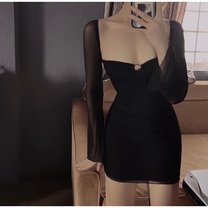 Đầm Body Đen Thun Phối Lưới Trễ Vai Phong Cách Sexsy
