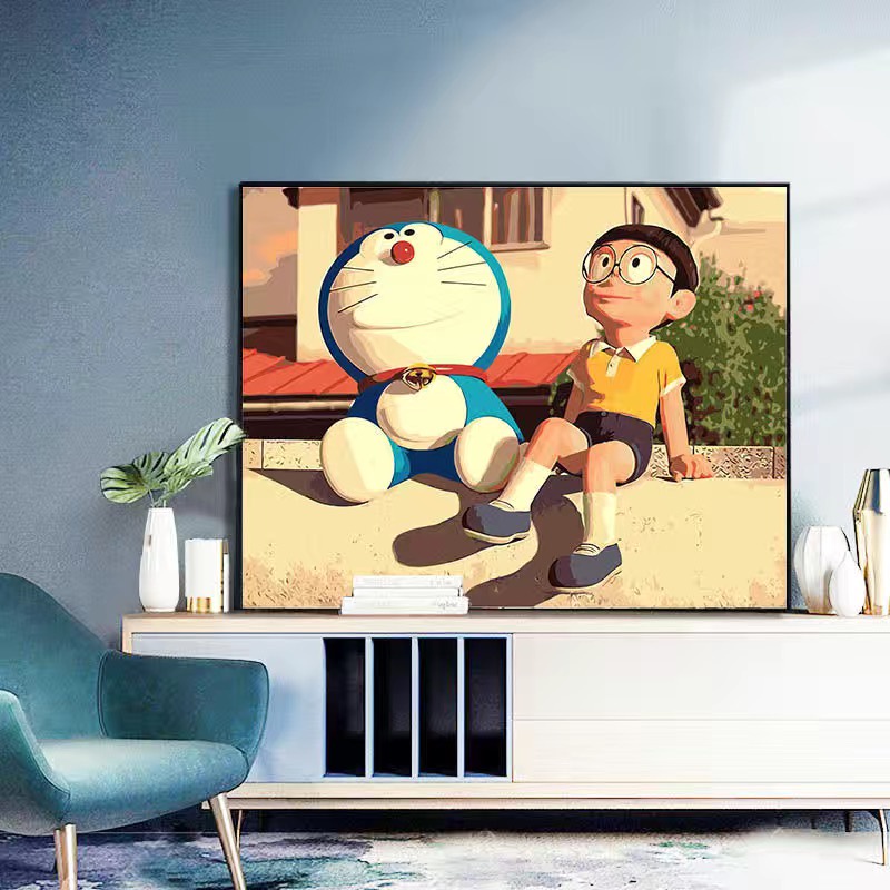 Tranh Tô Màu Theo Số DOREMON, KT 40x50cm, Có Khung, Đủ Phụ Kiện, Tranh Số Hóa Hottrend