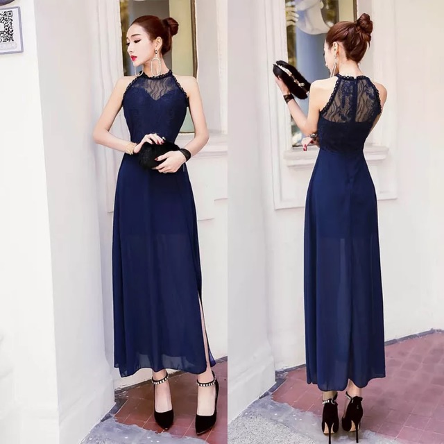 Đầm dự tiệc cổ yếm tôn dáng phối ren cao cấp sang trọng