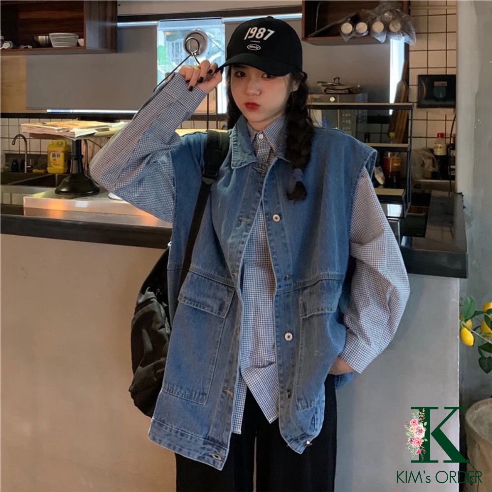 Áo khoác bò gile nam nữ dáng rộng unisex phong cách Ulzzang Hàn Quốc dáng rộng hai màu xanh đen chất jean đẹp