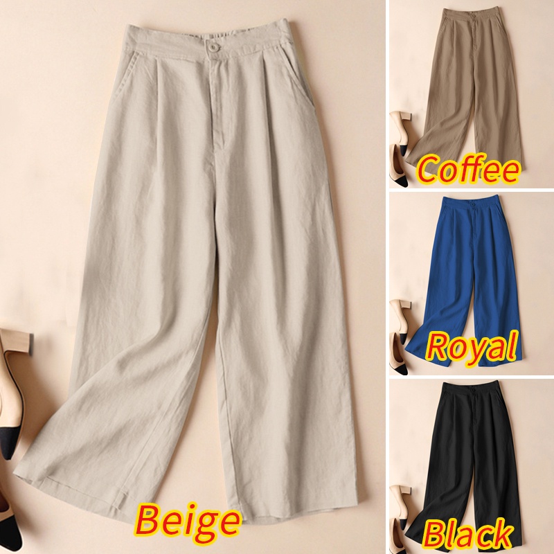 Quần dài Zanzea màu trơn có khóa kéo phía trước ống rộng lưng thun thiết kế co giãn cho nữ