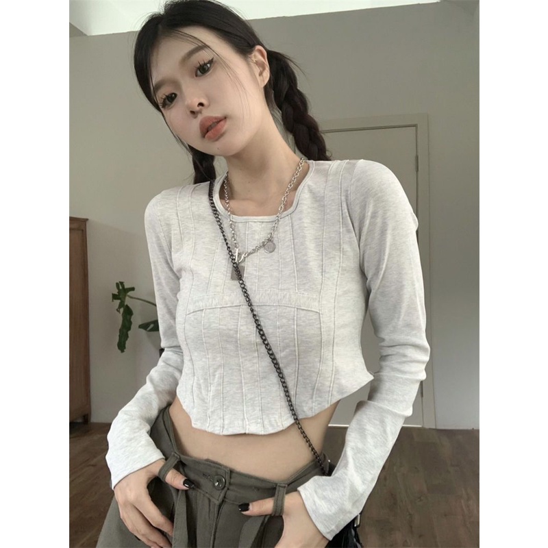 Áo thun croptop tay dài dáng ôm thời trang quyến rũ cho nữ