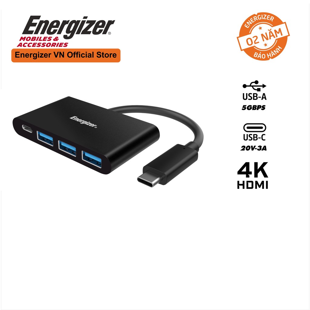 [Mã ELREHOT giảm 10% đơn 100K] Bộ chuyển USB - C 3.1 Hub Energizer 3USB-A/1USB -C-HC304AC-Bảo hành 2 năm