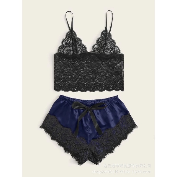 Bộ Đồ Ngủ Quần Lụa Áo Ren Gợi Cảm Quyến Rũ  [CWEAR.SEXY_ĐỒ NGỦ &amp; NỘI Y CAO CẤP]