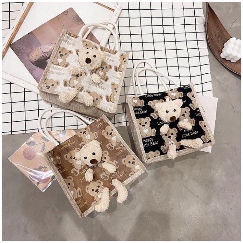 Túi cối mini size 21 kèm gấu teddy- có khoá - phong cách vintage(gấu 02)