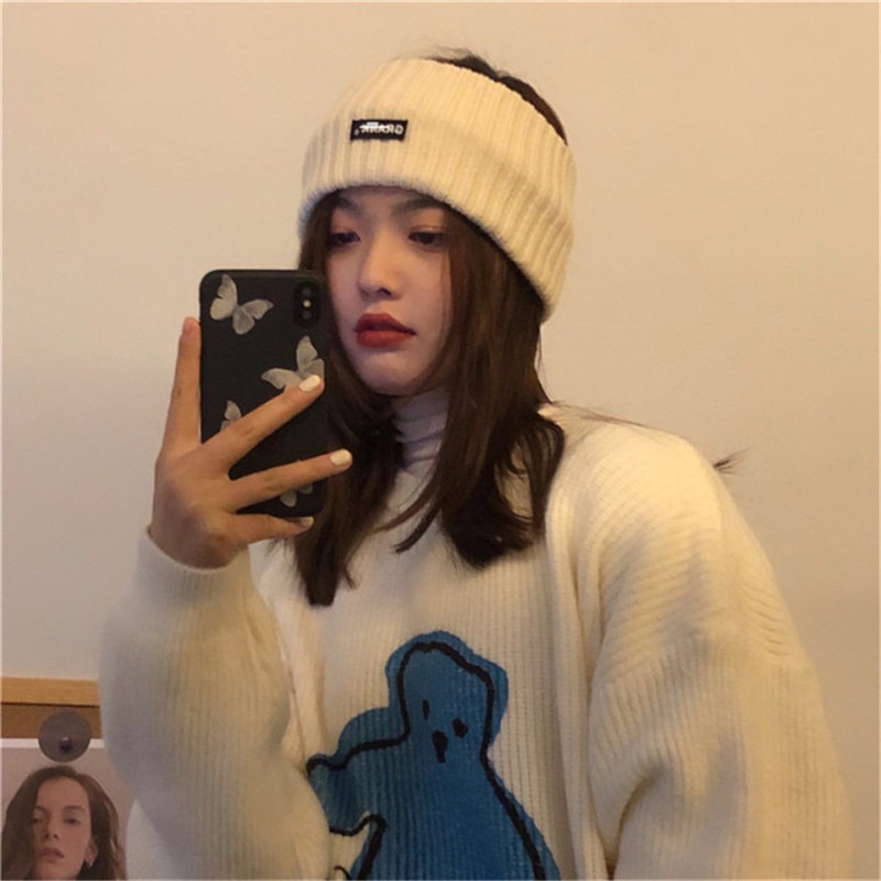 Băng đô len bản rộng phối họa tiết chữ phong cách Hàn Quốc cá tính trẻ trung