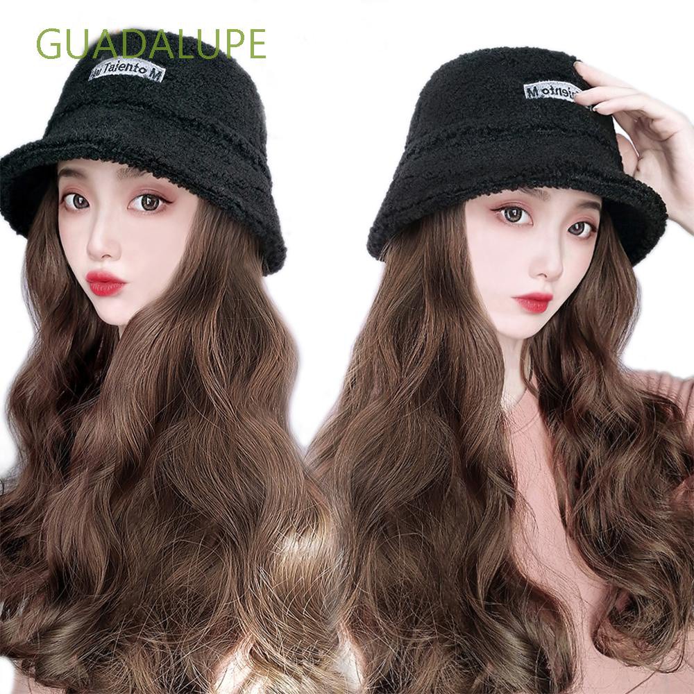 GUADALUPE Winter Velvet Bucket Hat Wigs Natural Long Wavy Wigs Wig With Bucket Hat Fluffy Hair Extensions Wide-brimmed Curly High Temperature Fiber Breathable Synthetic Hair/Multicolor