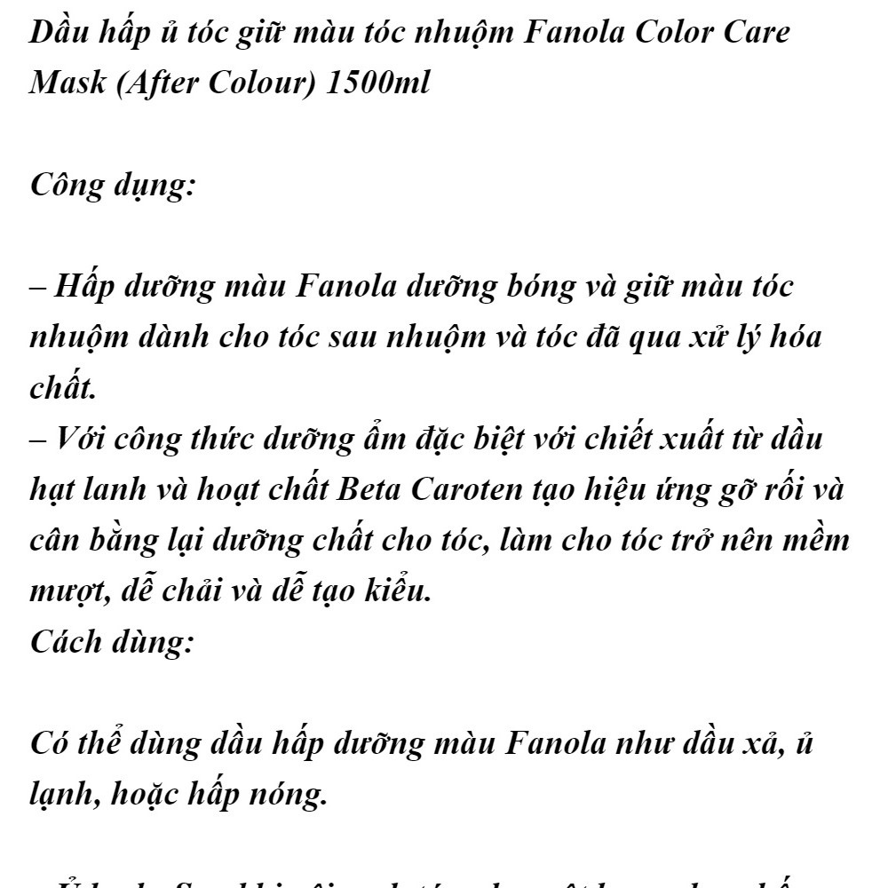 Dầu hấp ủ tóc Fanola Color Care Mask (After Color) giữ màu tóc nhuộm 1500ml | BigBuy360 - bigbuy360.vn