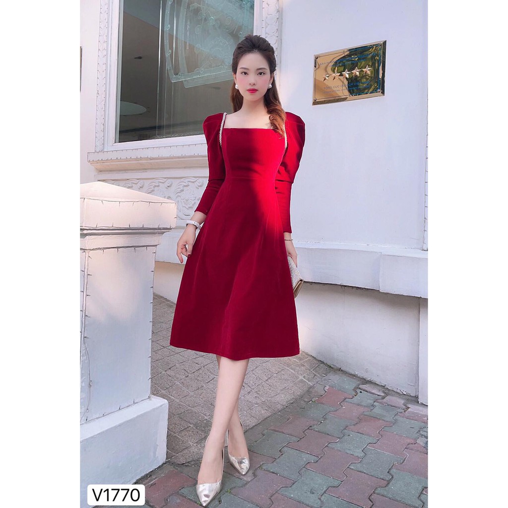 Váy nhung đỏ viền ngọc V1770 - Đẹp HP DVC - Kèm ảnh thật trải sàn do shop tự chụp