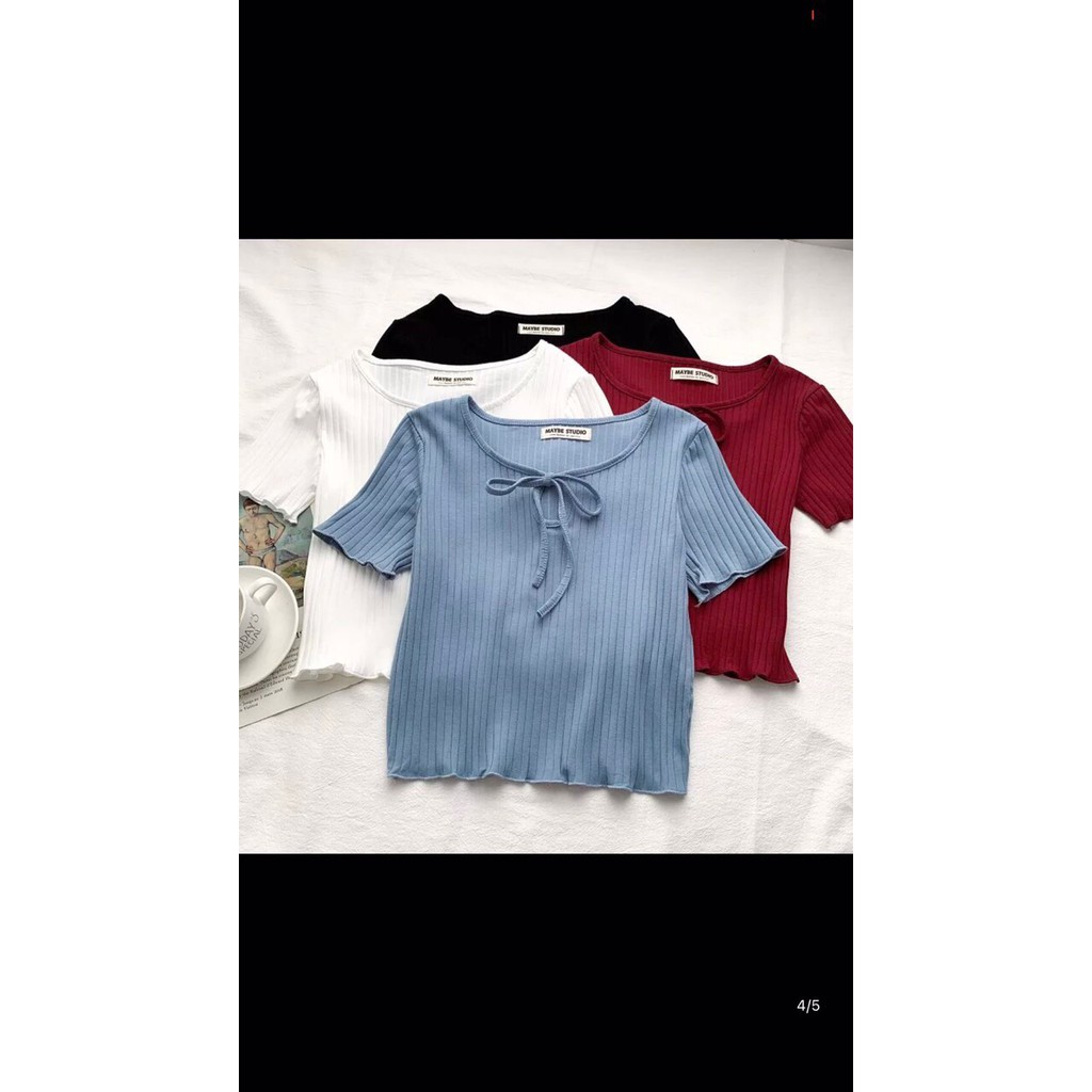Áo croptop thun gân mềm mịn 𝗙𝗥𝗘𝗘𝗦𝗛𝗜𝗣 tay ngắn cuốn biên khoét ngực, cổ phối thắt nơ xinh xỉu