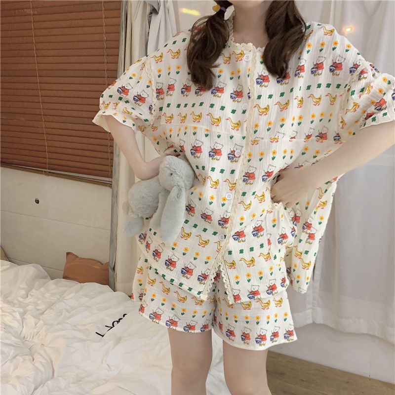 Bộ Đồ Ngủ Tay Ngắn Dáng Rộng Phối Ren In Hoạt Hình Gấu Dễ Thương Thời Trang Mùa Hè Cho Nữ