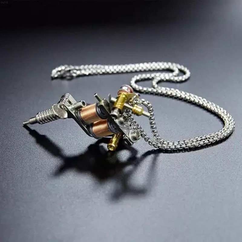 OA Mini Tattoo Machine Necklace Unique Hip Hop Punk Biker Party Rap Titanium Steel Pendant Necklace Silver Chain