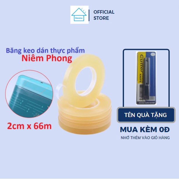 Băng keo dán niêm phong thực phẩm 2cm x 66m màu vàng Doconu