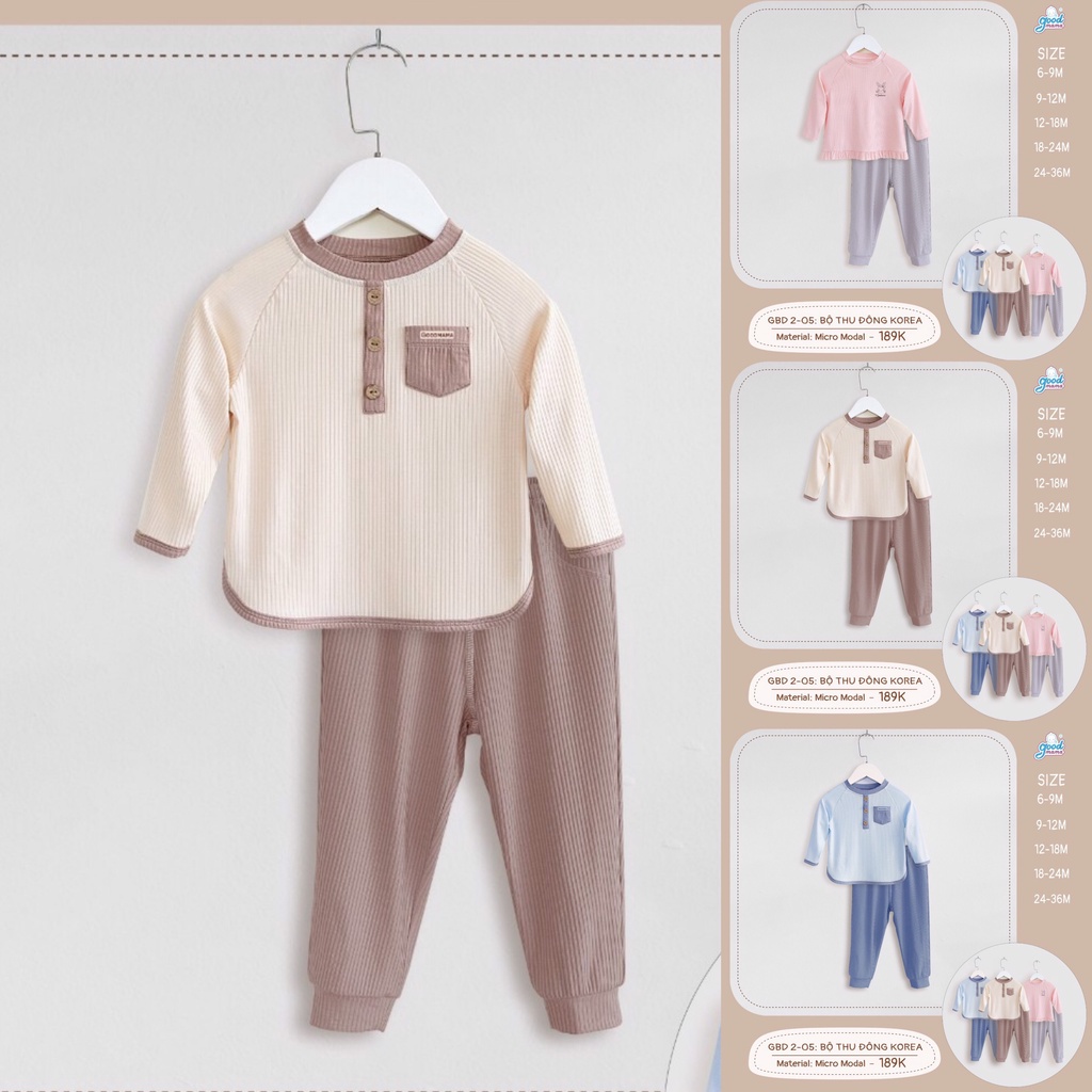 [CHÍNH HÃNG] Bộ dài tay cổ trụ túi ngực modal Korea họa tiết trẻ em Good Mama