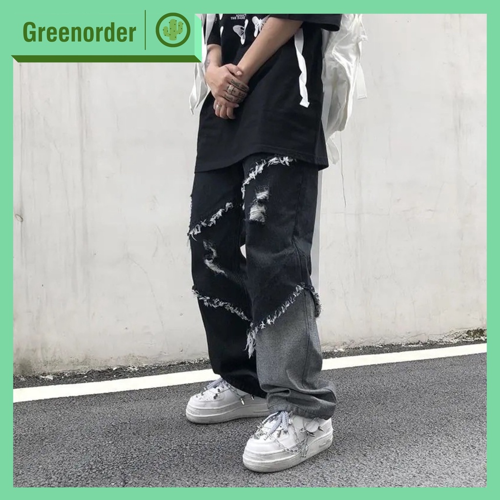 Quần Jean ống rộng giả rách chuyển màu phong cách đường phố hiphop