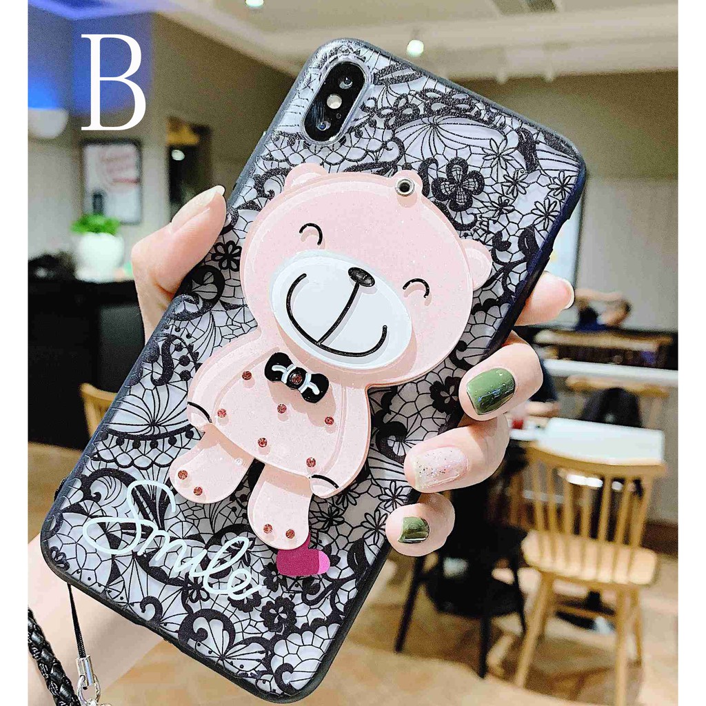 YSW OPPO R9S R15 R17 Reno 2 F3 Plus R11 R11S Plus Cartoon Bear Kitty Cute Black Design with Mirror Cute Phone Cases