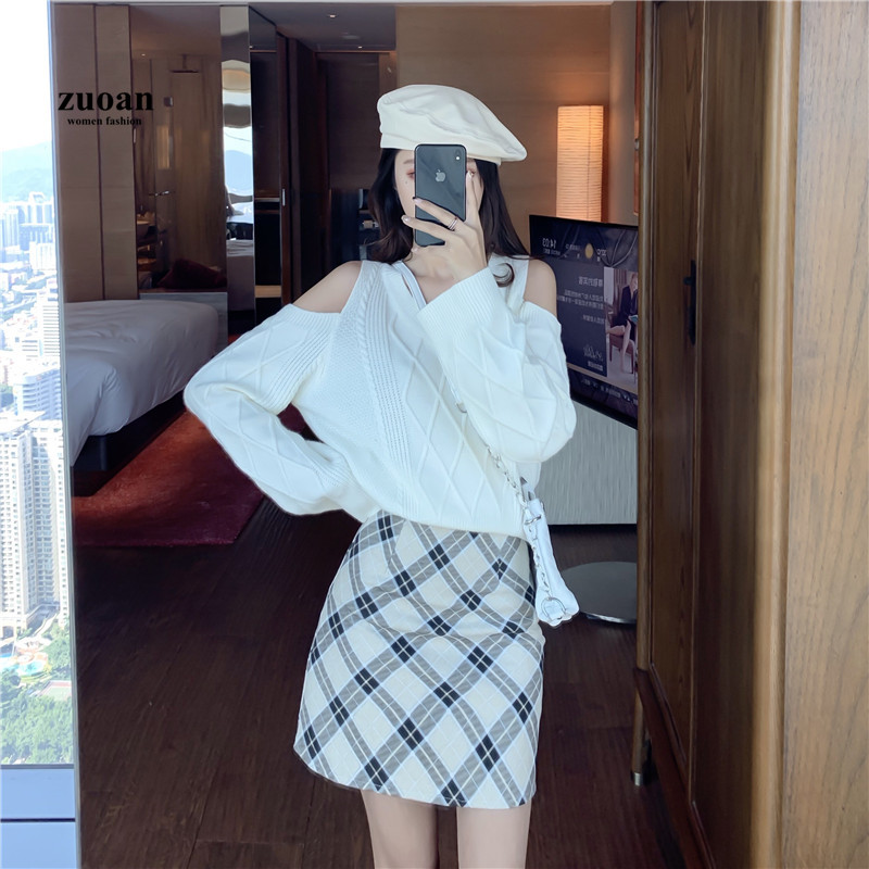 SUXI Áo Dệt Kim Nữ Tay Dài Cổ Chữ V Trễ Vai Thời Trang