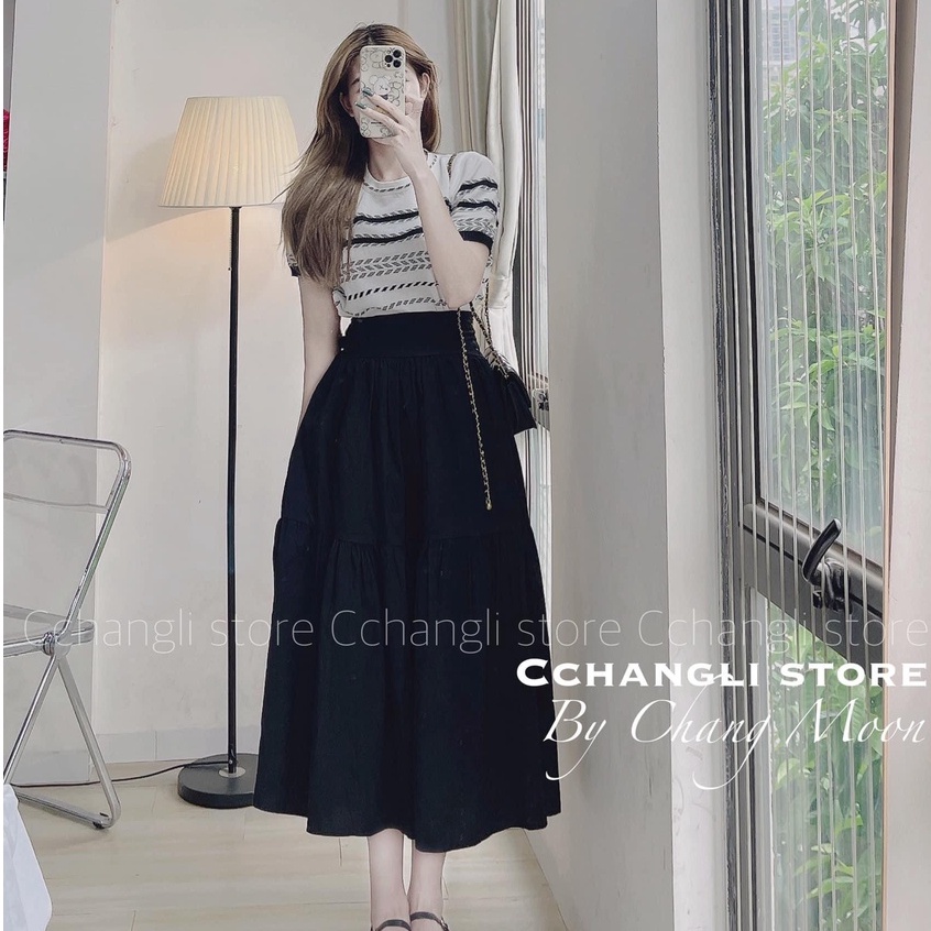 Áo len cộc tay phối kẻ mới hàng hot len mongtogi co dãn vanmiushop