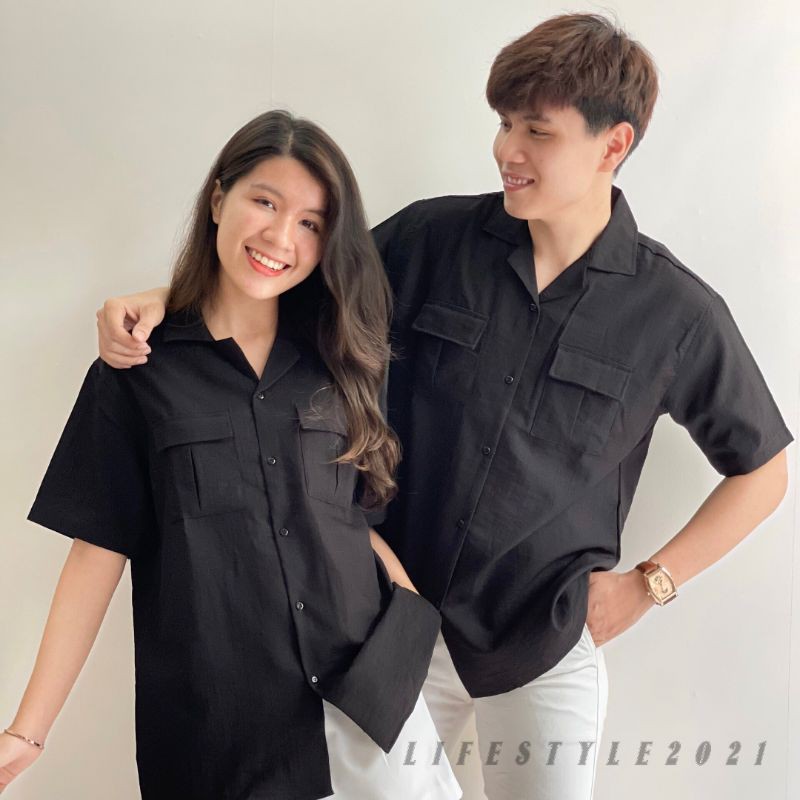 Áo sơ mi nam tay ngắn vải đũi unisex dáng rộng thoáng mát | BigBuy360 - bigbuy360.vn