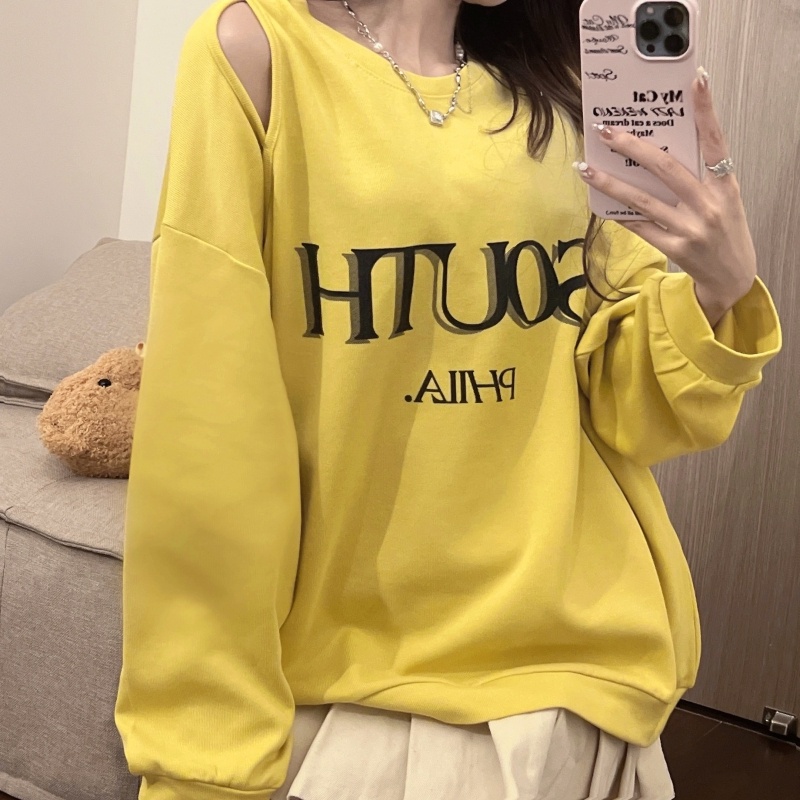 ZHELIHANGFEI Áo Thun Sweater Tay Dài Hở Vai In Họa Tiết Dễ Thương