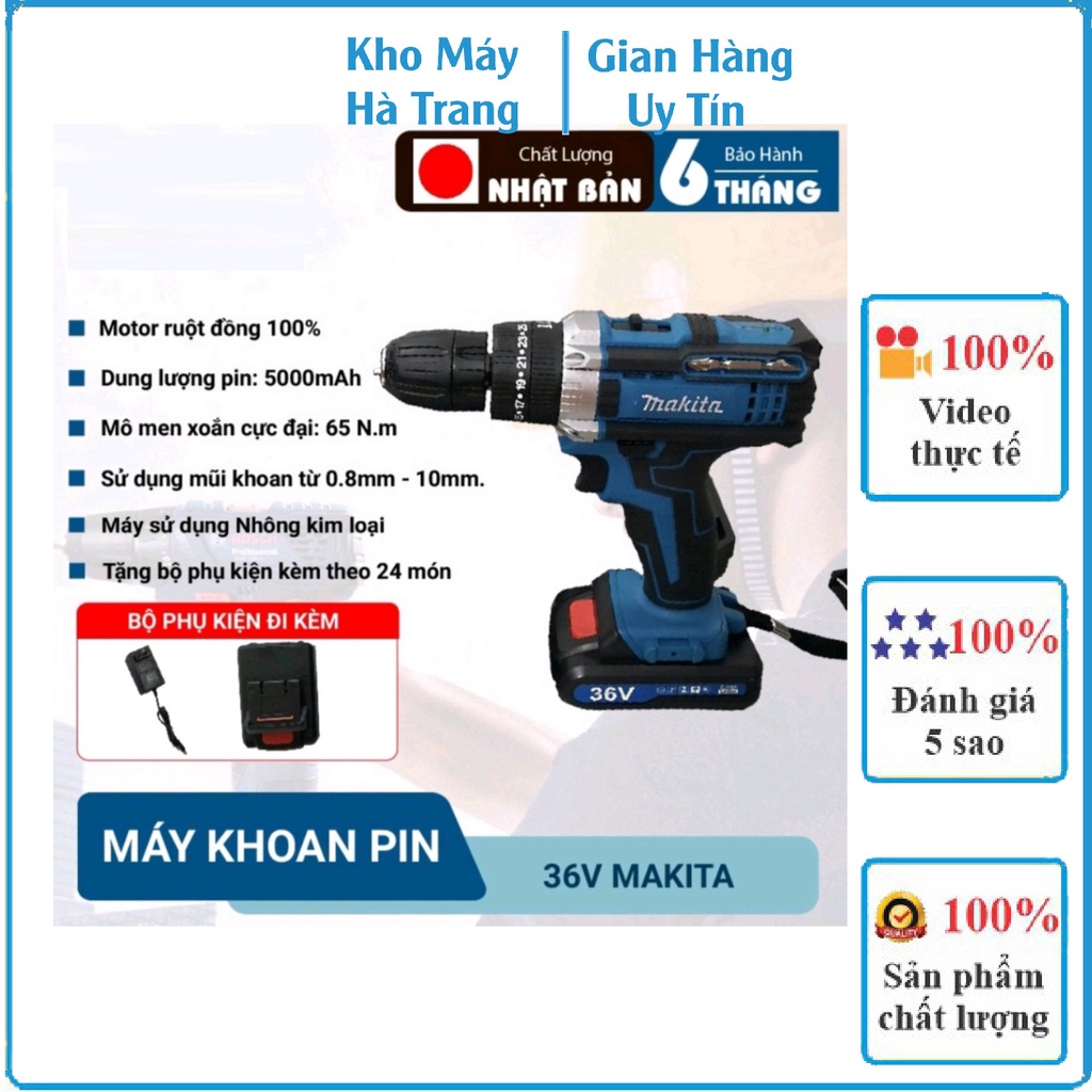 Máy Khoan Pin 36V Makita 3 Chức Năng Bắn Vít Khoan Tường - Tặng Kèm 24 Chi Tiết Gồm Các Mũi Khoan + Mũi Bắt Vít Nở