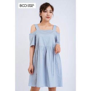 Váy BOO Babydoll Nữ Vải Thô Nhún Eo Nữ Tính Hai Màu Xanh Trắng Phong Cách Hàn Quốc