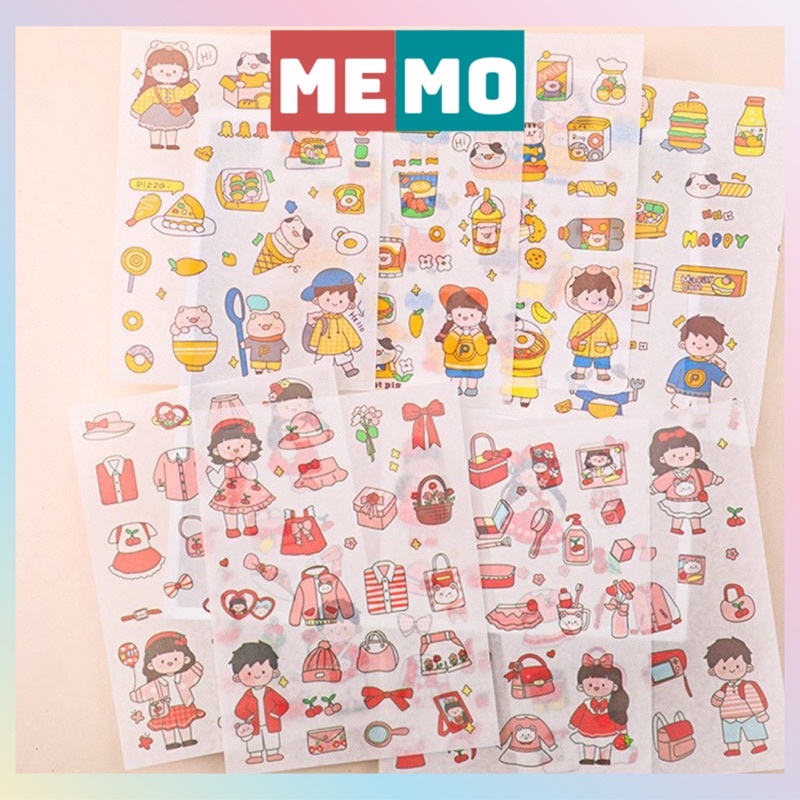 Sticker cute MEMO, hình dán chàng trai cô gái phân theo chủ đề màu khác nhau trang trí sổ Bullet Journal