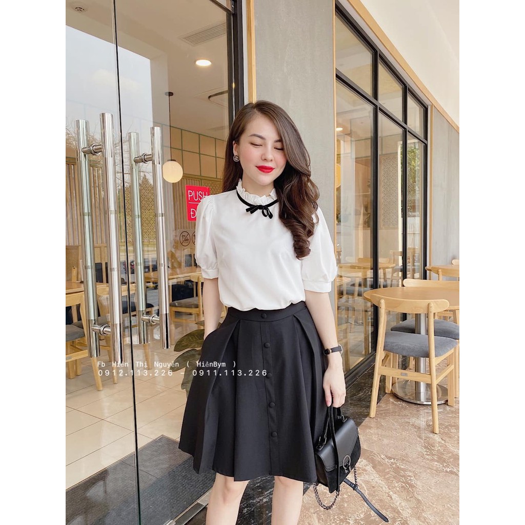 Set áo kiểu nơ + chân váy cúc xoè hottrends