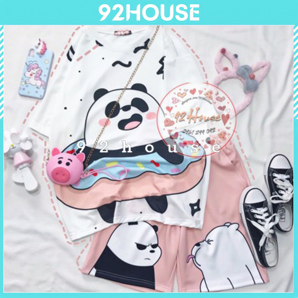Áo thun tay lỡ unisex gấu trúc + Quần cartoon hình gấu freesize form rộng