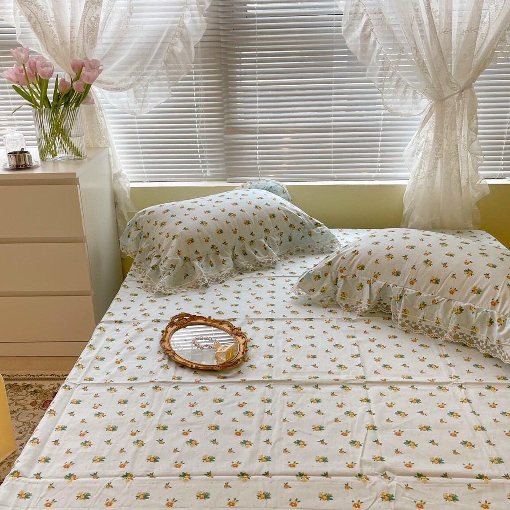[HÀN QUỐC] SET GA GỐI COTTON HOA NHÍ REN BÈO - CAO CẤP KHÔNG PHA POLY