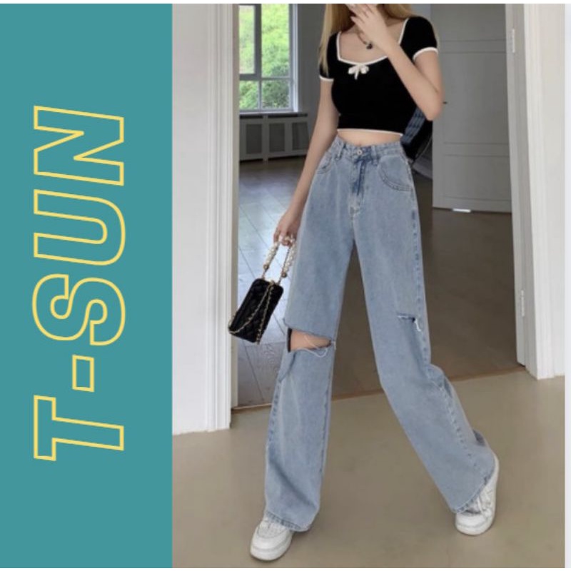 🆘 (sale) quần jean nữ ống rộng rách phong cách unesex thời thượng