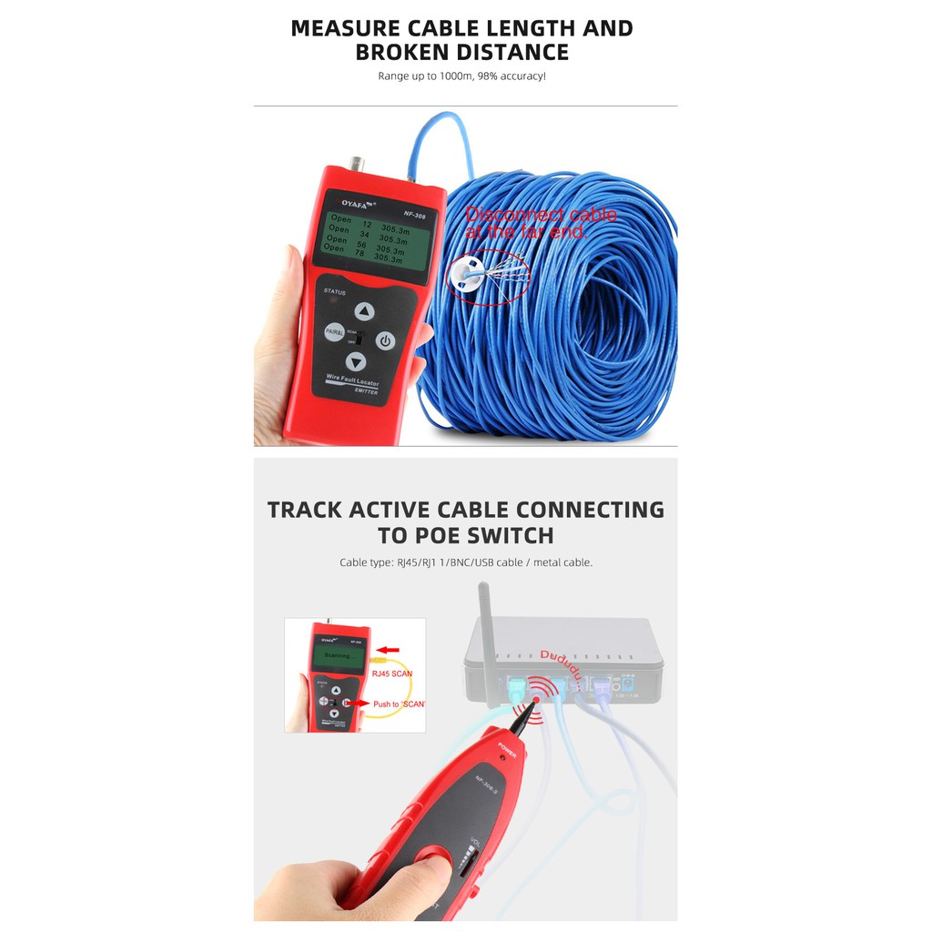 Máy test dây mạng đa năng NF-308 chính hãng Noyafa kèm 2 pin 9V. BH 12 tháng