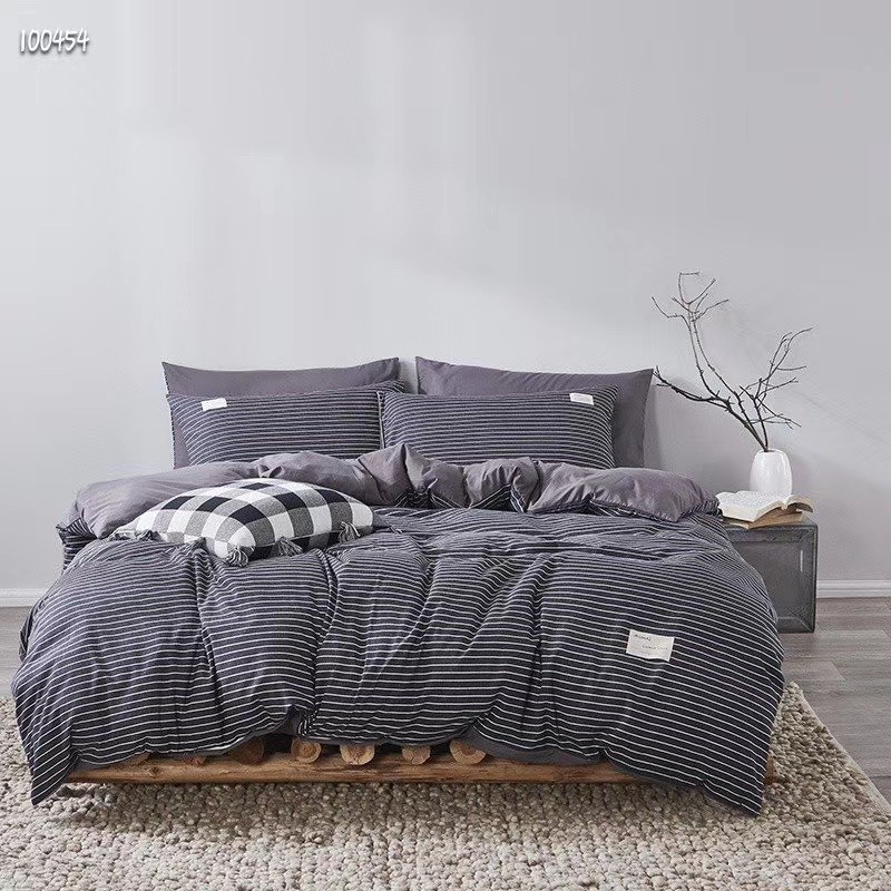 Bộ chăn ga giường cotton tici kẻ LIDACO cotton đũi kẻ dày decor phòng ngủ vintage đủ mọi cỡ nệm