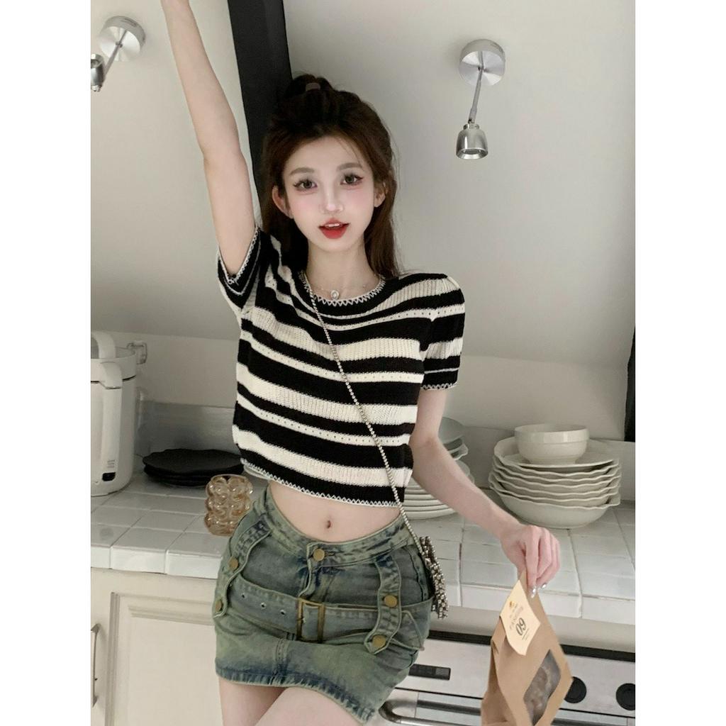 ZHELIHANGFEI Áo Dệt Kim Ngắn Tay Lưng Cao Ôm Dáng Họa Tiết Kẻ Sọc Ngọt Ngào Cho Nữ