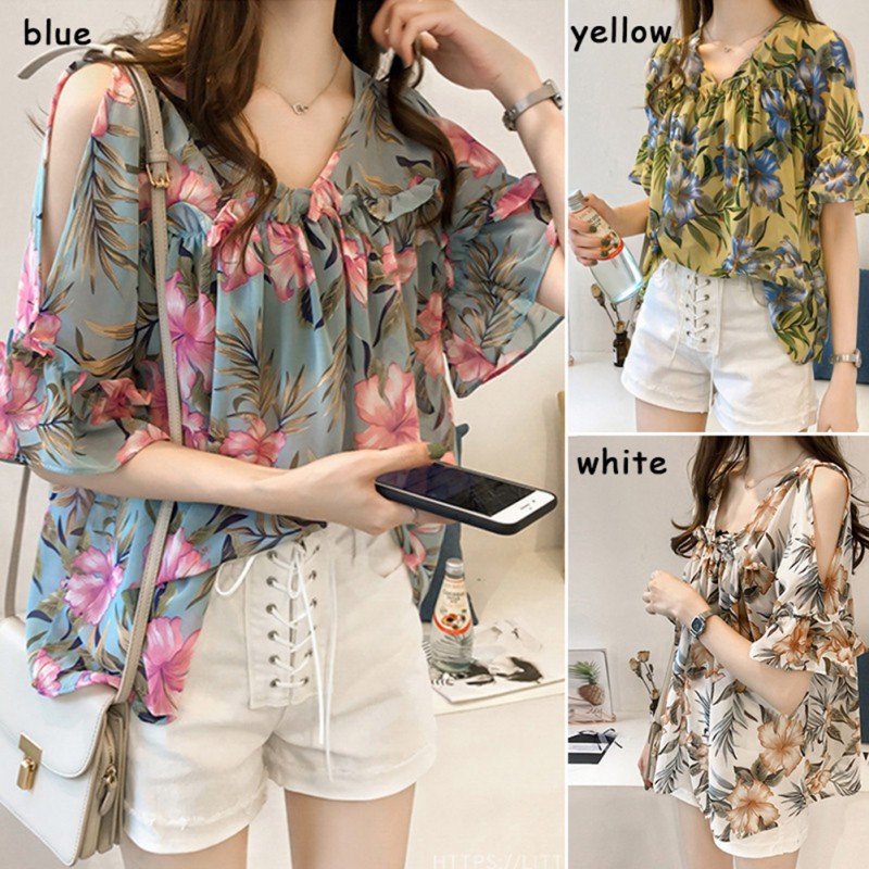 [Baywellfashion]Áo chiffon nữ vải hoa thiết kế hở vai trẻ trung cá tính