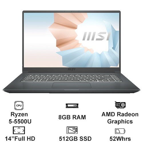Laptop MSI Modern 14 B5M 064VN (Gray Carbon) | R5-5500U | 8GB DDR4 | SSD 512GB PCIe | VGA Onboard | 14.1 FHD IPS | Win10 | BigBuy360 - bigbuy360.vn