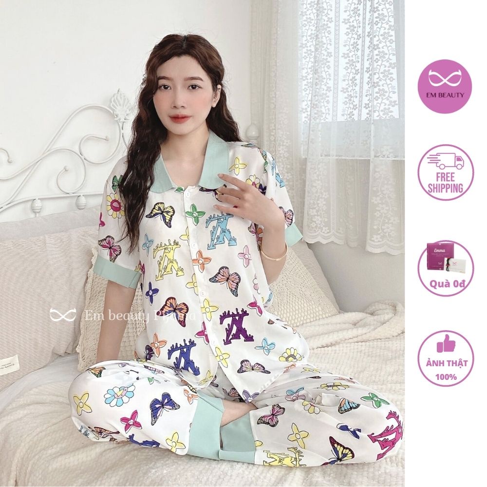 Bộ đồ ngủ lụa mặc nhà nữ pyjama lụa mango cổ sen họa tiết cao cấp freesize 45-65kg phù hợp cả mẹ sau sinh