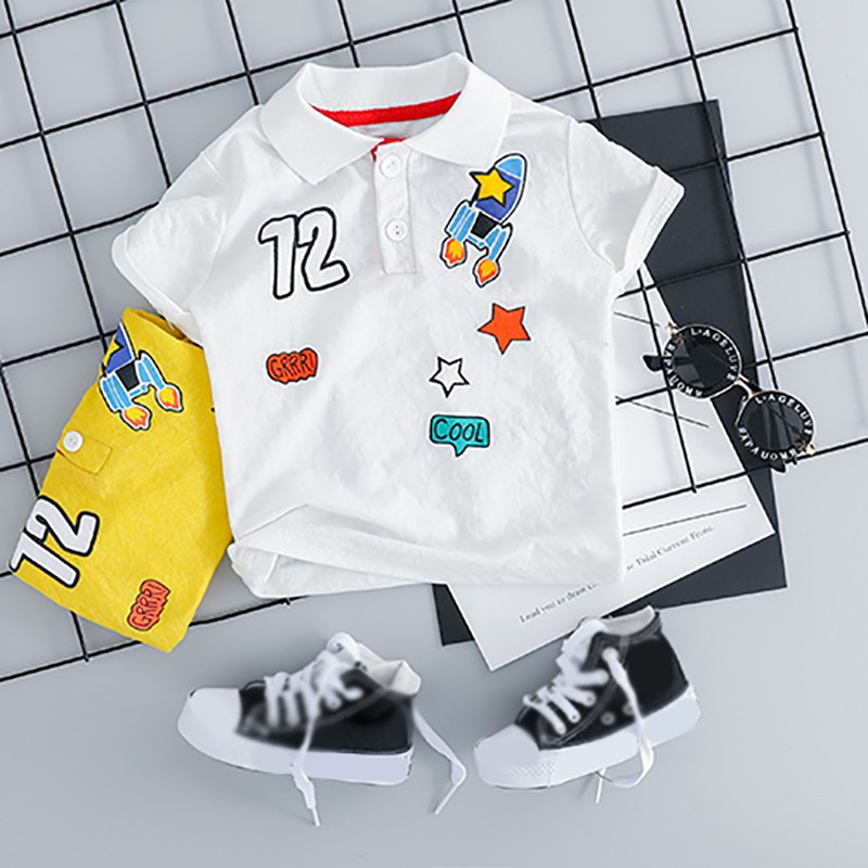 ❀1-3T/2Pcs/Children Summer Lapel Cartoon Printed Long Sleeve T-shirt Casual Tops+Pants