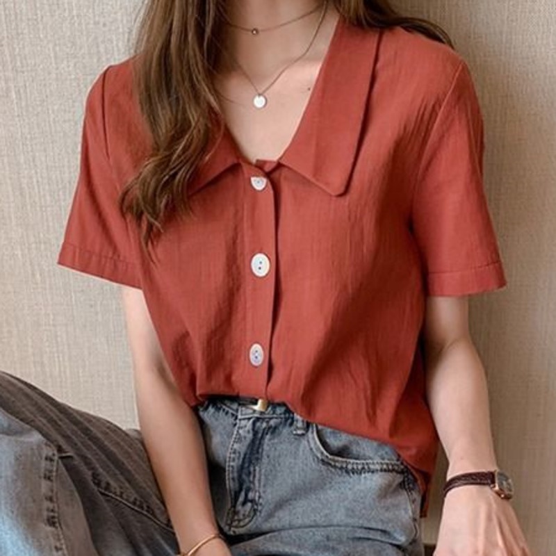 Áo Sơ Mi Trơn Ngắn Tay 154745 Áo Sơ Mi Cổ Búp Bê Dáng Rộng Phong Cách Thời Trang Retro