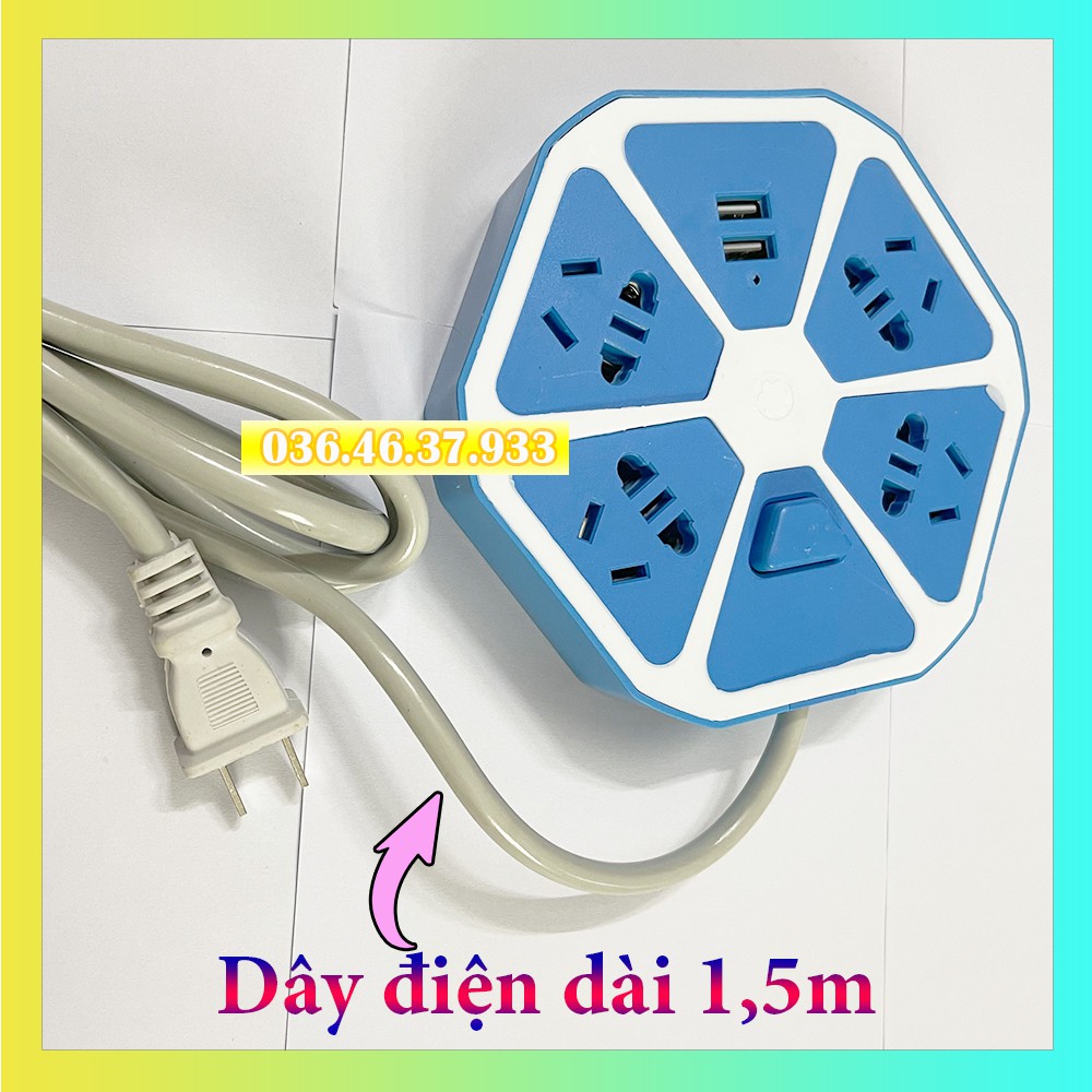 Ổ cắm điện tròn đa năng chống giật 4 lỗ cắm điện 2 lỗ USB sạc điện thoại dây dài 1.5 mét