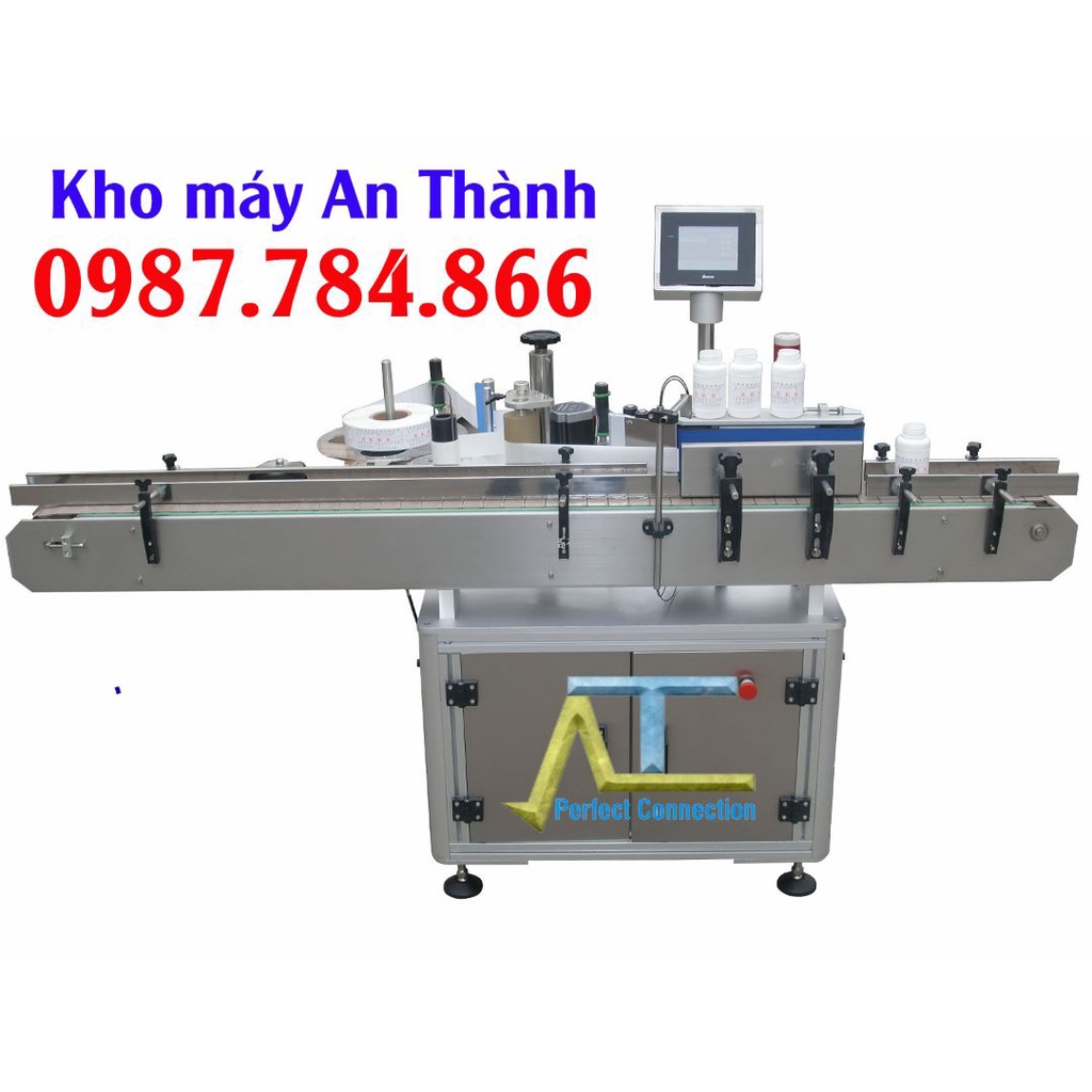 Máy dán nhãn tự động, dán nhãn chai nước suối, chai tròn