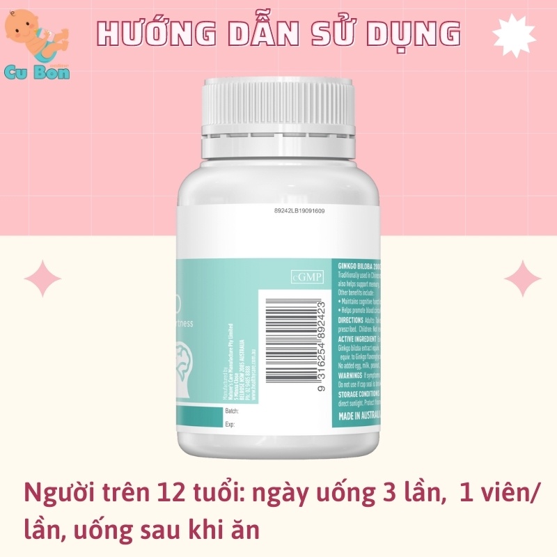 bổ não ginkgo biloba 2000mg Healthy Care của Úc giúp tuần hoàn máu não trí nhớ cho bé từ 12 tuổi và người lớn người già