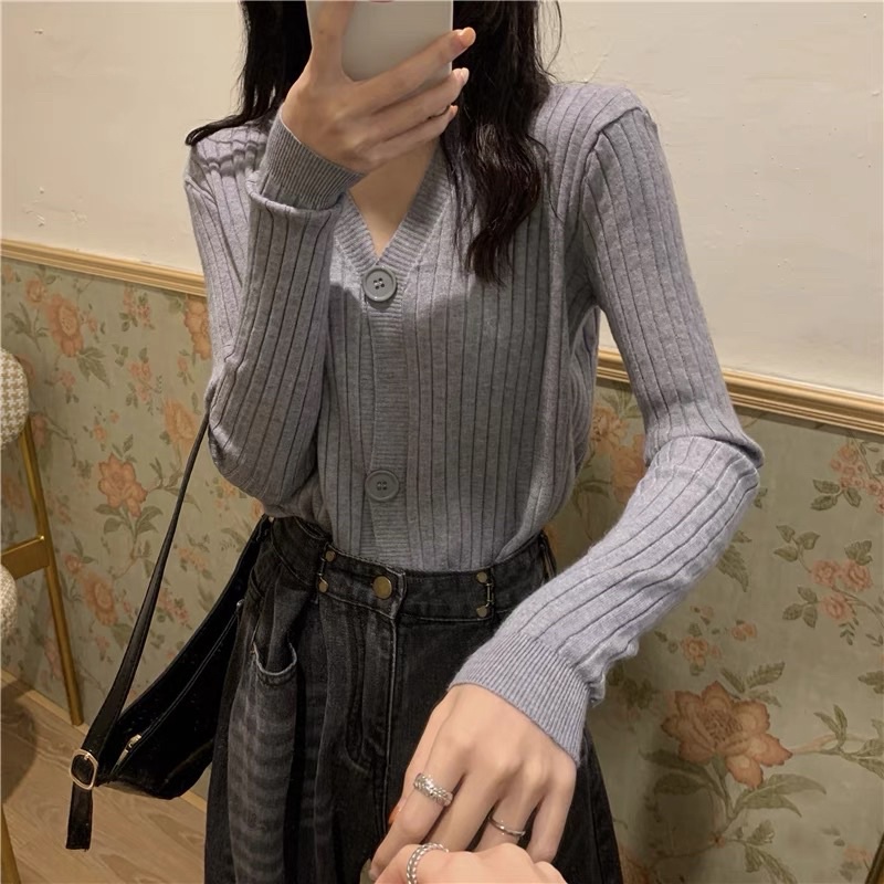 MS098 Áo len cardigan cổ tim cài cúc (hàng nhà máy Quảng Châu)