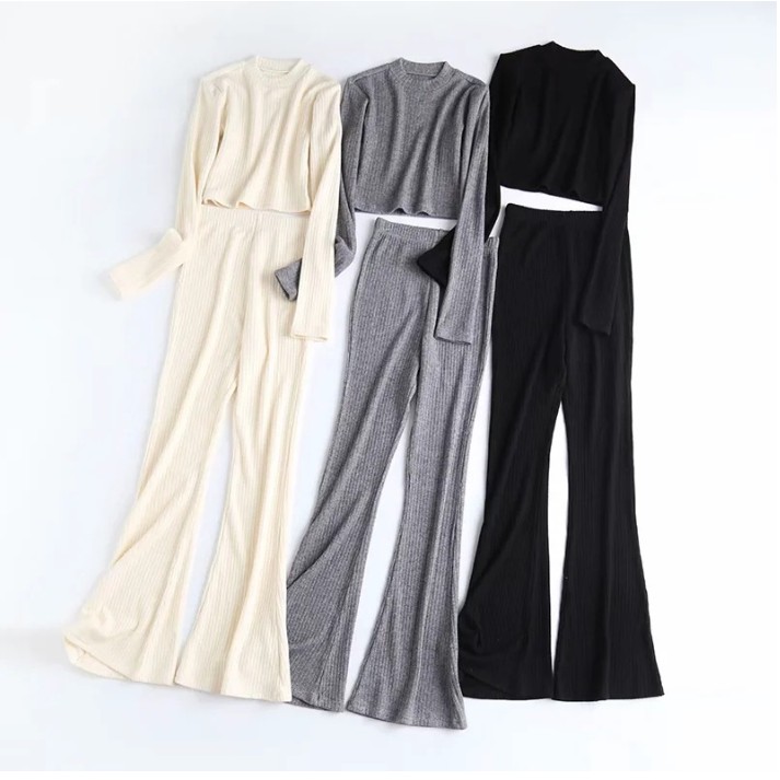 Bộ Đồ Thể Thao Áo Thun Tay Dài + Quần Dài Lưng Cao Ống Loe Thời Trang Cho Nữ