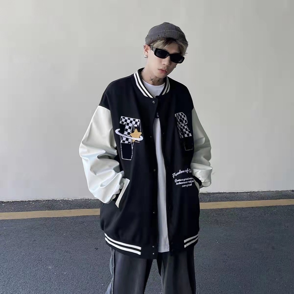 Áo bomber nam Thêu tay áo da /Áo khoác bóng chày dáng rộng thêu họa tiết phong cách retro thời trang năng động cho nữ