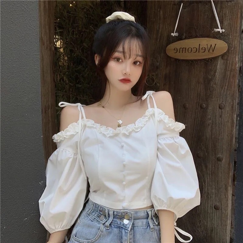 Áo Kiểu Croptop Trễ Vai Tay Phồng Tiểu Thư Dễ Thương Mã QD014