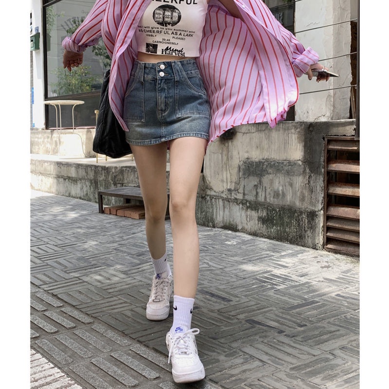 Chân váy jean COZOKC lưng cao phong cách cổ điển thời trang