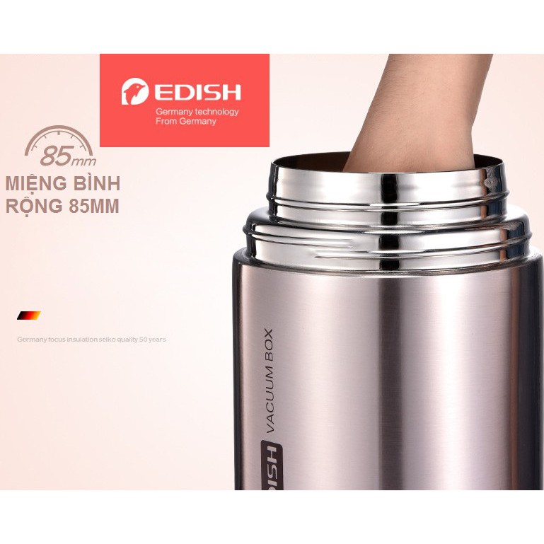 Bình ủ cháo, giữ nhiệt Edish thương hiệu Đức inox 316 cao cấp 1lit + Tặng Túi Giữ nhiệt