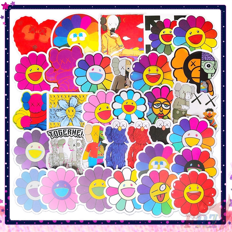 Bộ 102 miếng dán hình in hình nhân vật Kaws Murakami Takashi Hoa hướng dương dễ thương dùng để trang trí